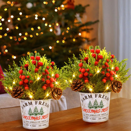 2 Pack Christmas Table Decorations, Potted Christmas Tree with Lights, Pine Cones and Berries, Christmas Plants Artificial, Christmas Centerpieces for Tables, Home, Mantel Holiday Decor