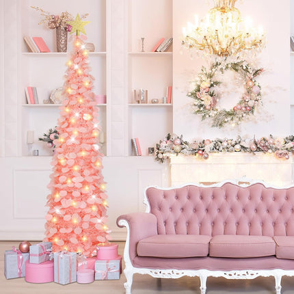 HMASYO 5 FT Pop Up Christmas Tree with Timer Lights, Pink Tinsel Christmas Tree, Collapsible Artificial Pencil Christmas Tree for Indoor Home Apartment Porch Holiday Party Decorations