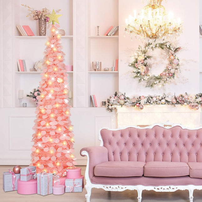 HMASYO 5 FT Pop Up Christmas Tree with Timer Lights, Pink Tinsel Christmas Tree, Collapsible Artificial Pencil Christmas Tree for Indoor Home Apartment Porch Holiday Party Decorations