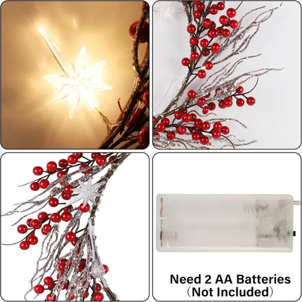 DR.DUDU 22 Inches Lighted Christmas Wreath for Front Door, Battery Operated Red Berry Artificial Wreaths with Light up Snowflakes Ornaments, Christmas Decorations for Home Mantle Holiday Party