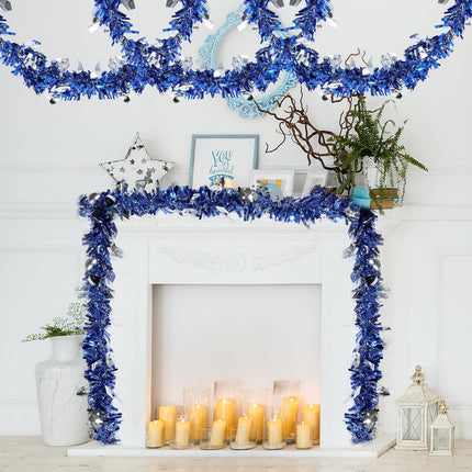 Hanukkah Tinsel Garlands, 50 Ft Hanukkah Decorations Tinsel Garland with Dreidel Silver Ornaments Blue Metallic Streamers for Home Indoor Outdoor Chanukah Party Supplies