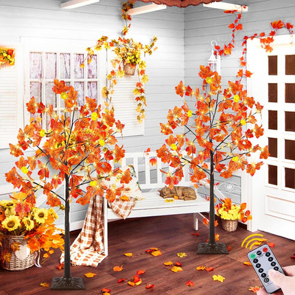 TURNMEON Thanksgiving Decorations 2 Pack 4 Ft Prelit Lighted Fall Maple Tree with Remote Control Timer 3D Patented Pumpkin Lights 96LED Warm Lights 8 Modes Acorns Thanksgiving Decor Indoor Outdoor