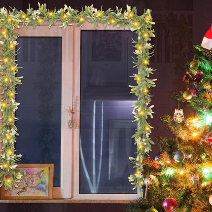 9FT Christmas Garland, Flocked Garland Christmas Decorations Prelit Christmas Garland with 30 LED Lights Decorated with Pinecones Berries Snowflakes for Mantels Staircase Tables Winter Decor