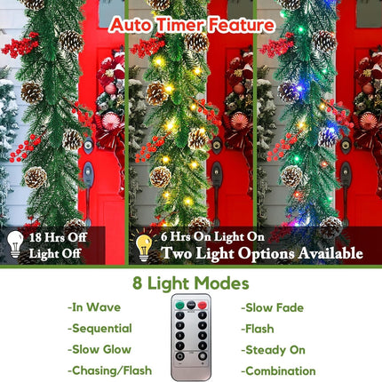 6FT Christmas Garland with Lights, Garland Christmas Decorations Artificial Prelit Christmas Garland with Timer Pine Cones Berries Outdoor Xmas Garland for Mantle Stairs Railing Fireplaces