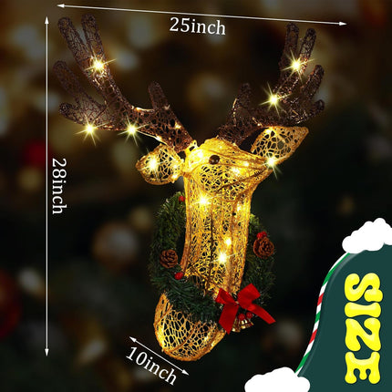 Christmas Light up Wall Decor Deer Head, 28 Inch 3D Hanging Garland, Large Lights up Reindeer Head for Door Window Christmas Holiday Indoor Outdoor Decor, Battery Operated, 8 Modes