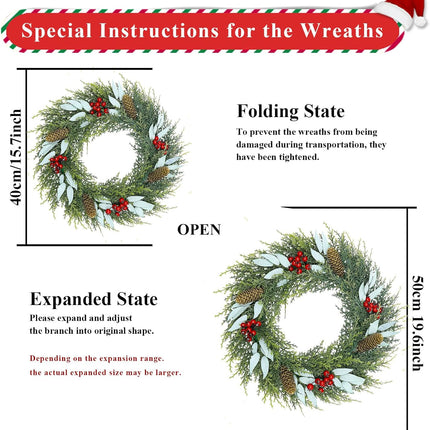 U'Artlines 18" Artificial Christmas Wreath Front Door Wreath with Red Berry Pine Cones Christmas Decorations for Winter Xmas Holiday Home Indoor Outdoor Use (Green,1)