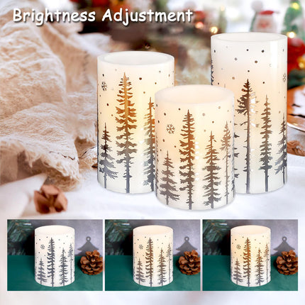 Christmas LED Flameless Candles Battery Operated, Hot Stamping Silver Xmas Tree LED Flickering Candles with Remote and Timer, Holiday Decorative LED Pillar for Xmas, Party, Bedroom