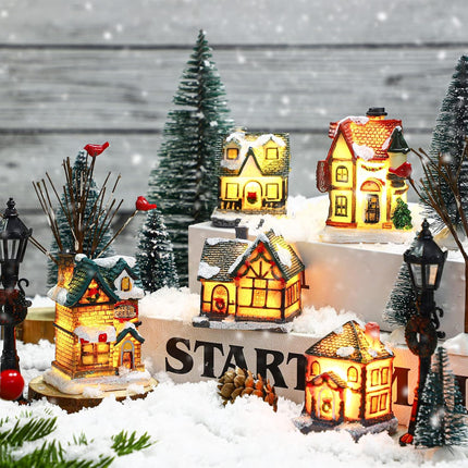 Queekay Christmas Winter Village Houses Set Christmas Miniature Resin Ornament Kits Christmas Cedar Bare Branch Tree Street Lamp Room Decor(Retro Style)