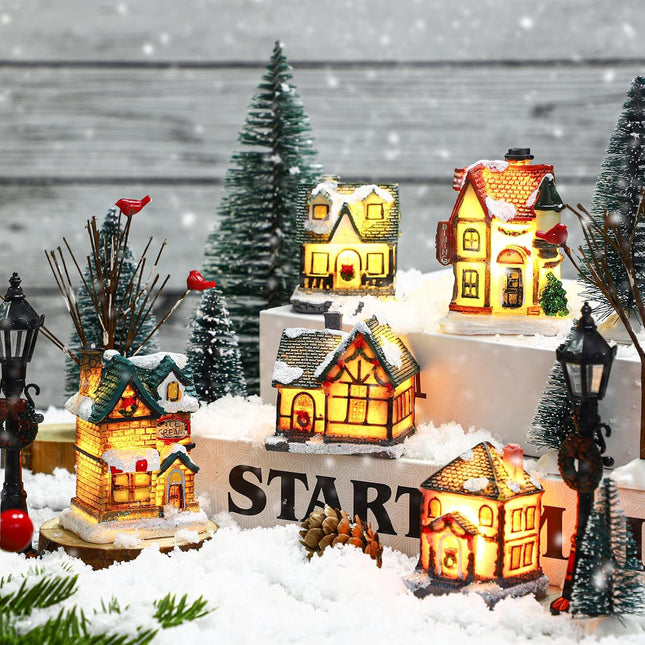Queekay Christmas Winter Village Houses Set Christmas Miniature Resin Ornament Kits Christmas Cedar Bare Branch Tree Street Lamp Room Decor(Retro Style)