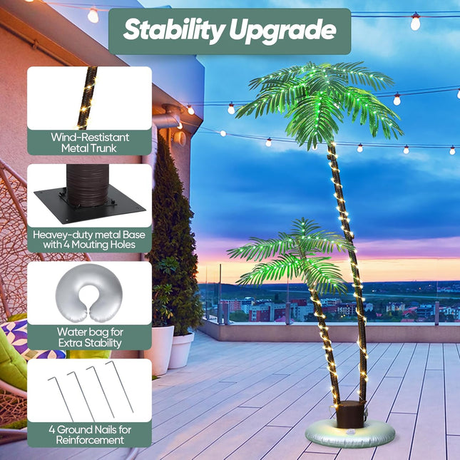 Lighted Palm Trees for Outside Patio,6Ft 2 Trunks Fake Palm Tree with 8 Mode for Tiki Bar Christmas Decor,Artificial Palm Trees for Outdoors Pool Christmas Tree Outdoor Patio Decor Helloween