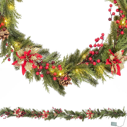 Pre-Lit Christmas Garland Decoration - 9FT Battery Christmas Garland with Lights, including Pine Cones, Safflower, Red Berry Cluster, Pine Branch, Leaves, Mixed Decors for Mantel Fireplace Stairs Door