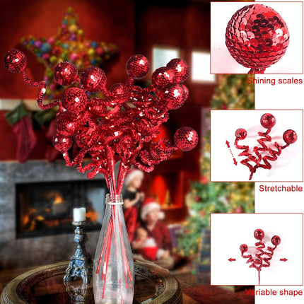 6PC Set Red Christmas Tree Decoration Sequins Ball Curly Pick, Christmas Tree Decorations Christmas Tree Topper Star Home Office Perfect Party Decorations s