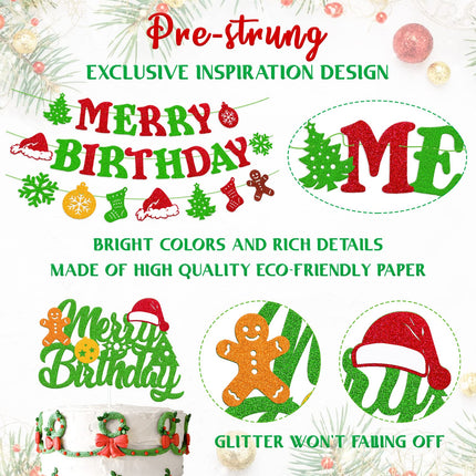 Christmas Birthday Decorations Merry Birthday Banner Christmas Cake topper Red Green Hanging Swirls Balloons for Merry Christmas Tree Winter Snow Happy Year Theme Party Supplies 46 PCS