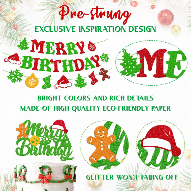 Christmas Birthday Decorations Merry Birthday Banner Christmas Cake topper Red Green Hanging Swirls Balloons for Merry Christmas Tree Winter Snow Happy Year Theme Party Supplies 46 PCS