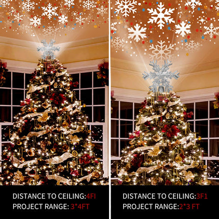 Christmas Tree Topper Lighted with Silver Snowflake Projector, Led Rotating Magic Snowflake, 3D Hollow Glitter Lighted Silver Snow Tree Topper for Christmas Tree Decorations Ornament for Indoor