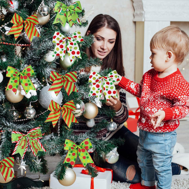 12 Pcs Red Green Christmas Bows,6 Inch Large Christmas Wreaths Bows for Tree Wrapping Garland,Christmas Decoration Holiday Party Crafts Xmas Tree Ribbon Ornaments (Glitter dot-Green)