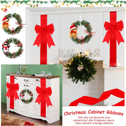 Ysleen 12 Pcs Christmas Cabinet Ribbon Bows and 6 Pcs Christmas Pine Wreath with Snowman Santa Claus Festive Large Xmas Bows Artificial Christmas Front Door Wreath for Christmas Party(Red)