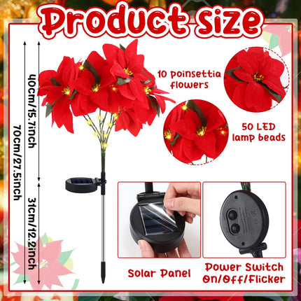 VIHOSE 2 Pcs Christmas Solar Flowers Lights Artificial Poinsettia Flower Landscape Light Waterproof Solar Poinsettia Lights for Outdoor House Yard Lawn Patio Garden Pathway Christmas Party Supplies