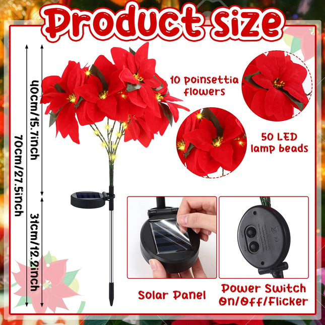 VIHOSE 2 Pcs Christmas Solar Flowers Lights Artificial Poinsettia Flower Landscape Light Waterproof Solar Poinsettia Lights for Outdoor House Yard Lawn Patio Garden Pathway Christmas Party Supplies