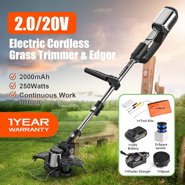 SALEM MASTER 20V String Trimmer 12 Inch Edger Cordless Stringless Trimmer 2.0Ah Battery and Charger Included Electric Weed Trimmer for Lawn Patio Garden