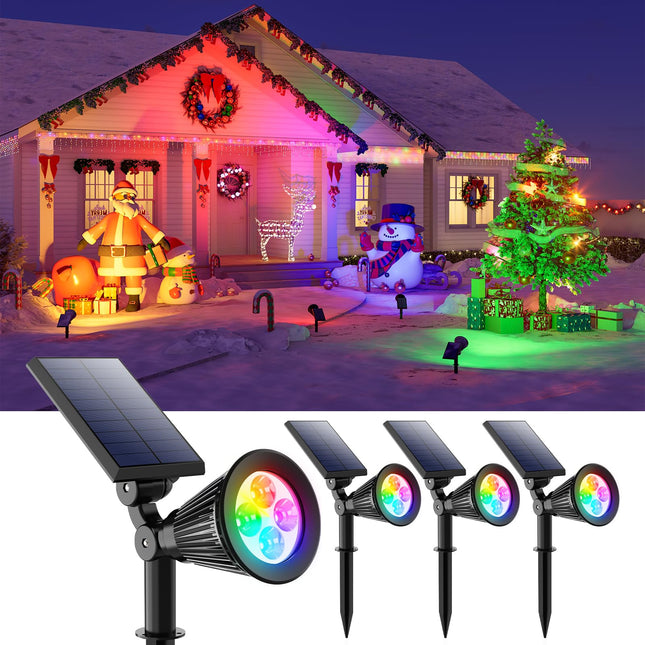 4 Pack Color Changing Solar Spotlights Outdoor for Christmas Decorations, Tree, Snowman, Santa Claus, Elk Statue, Waterproof Solar Lanscape Spot Lights Uplighting for Outside House Wall, Yard, Garden