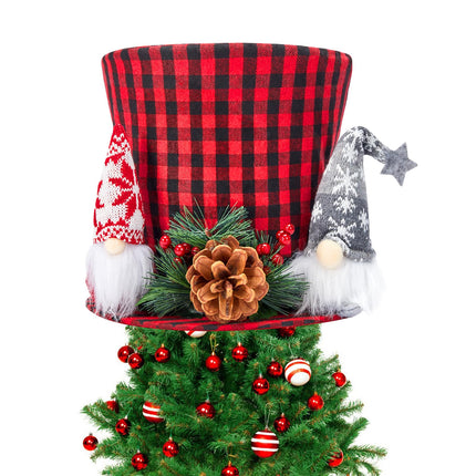 Christmas Tree Topper, Red and Black Buffalo Plaid Top Hat Christmas Tree Decorations Santa Gnome Ornaments Large Christmas Hat Tree Toppers Decor for X'Mas Home Party Supplies Festive Xmas Idea