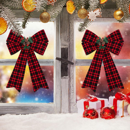 MCEAST 2 Pieces Christmas Red Bows Christmas Wreath Bows Xmas Buffalo Plaid Bows with Pine Cones Ornaments for Christmas Tree Indoor Outdoor Decorations (Black, Red, Green)