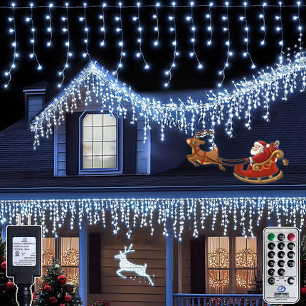 42ft Christmas Icicle Lights, 396 LED Outdoor/Indoor Cool White Fairy Lights with 8Modes, Plug-in Waterproof String Lights for Holiday, Wedding, Garden Decorations