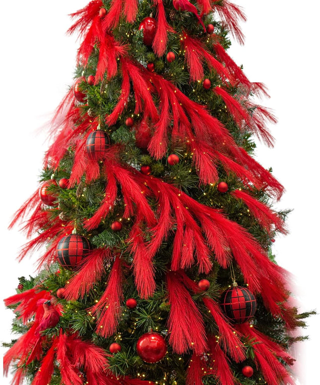Red Christmas Pampas Grass Garland, 2 Pcs 6.5 Ft Pampas Grass Christmas Tree Garland Hanging Decorations for Xmas Party Indoor Outdoor