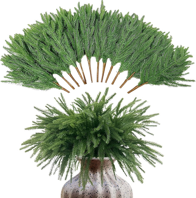 12 PCS Christmas Norfolk Pine Branches 18" Artificial Pine Stems for Christmas Decorations Fake Plants Norfolk Pine Sprigs Pine Needles for Xmas Garlands Wreaths Trees DIY Home Front Door Garden Decor