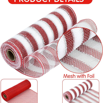 TONIFUL 4 Roll 10 Inch Red Striped Decorative Mesh Ribbon Rolls, Fabric Mesh with Foil for Wreaths Front Door Decor Christmas Festival Party Accessories Party Decoration Supplies (10yds/roll）