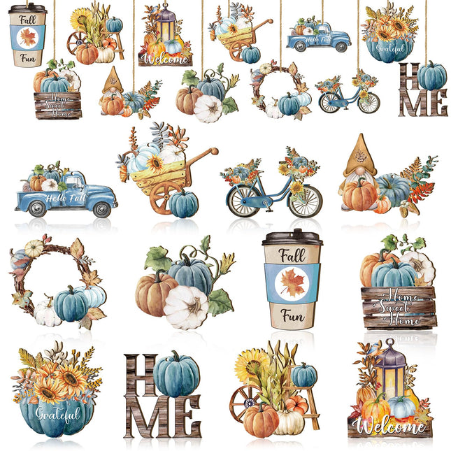Kigley 36 Pcs Thanksgiving Wood Ornaments for Tree Fall Wooden Hanging Ornaments Gnome Autumn Harvest Maple Leaf Ornament Cutout Pumpkin Truck Hanging Pendant for Holiday Party Fall Decoration