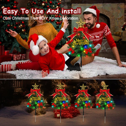 4 Pack Solar Christmas Tree Pathway Lights Outdoor Decorations Waterproof Artificial White Mini Xmas Tree Stake Lights with DIY Ornamets for Garden Yard Decor (Green)