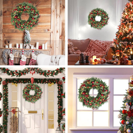 24 Inch Christmas Wreaths, Christmas Wreaths for Front Door with Balls Ornaments, Eucalyptus and Battery Operated LED Lights, Large Artificial Xmas Wreath with Timer for Outdoor Holiday Decor