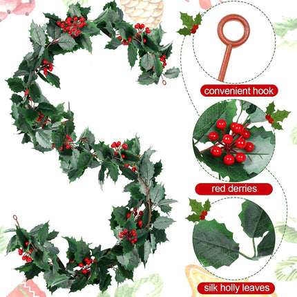 3 Pieces Green Garland 5.7 Ft Artificial Christmas Red Berry Flower Vine Winter Holly Leaves Garland Outdoor for Xmas Christmas Fireplace Home Decor (Classic Style)