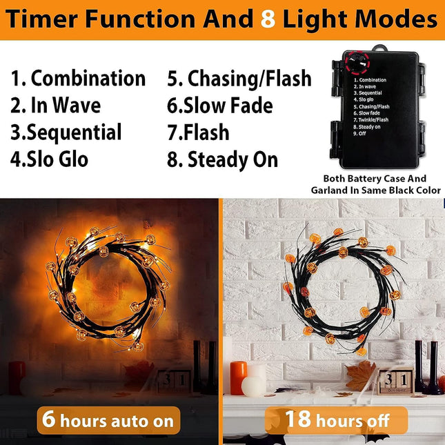 TURNMEON 8 Modes Timer 6 Ft 54 Orange LEDs Halloween Garland with Lights Pumpkins Waterproof Battery Operated Halloween Garland Vine Twig Decor Garland for Wall Bedroom Home Mantel