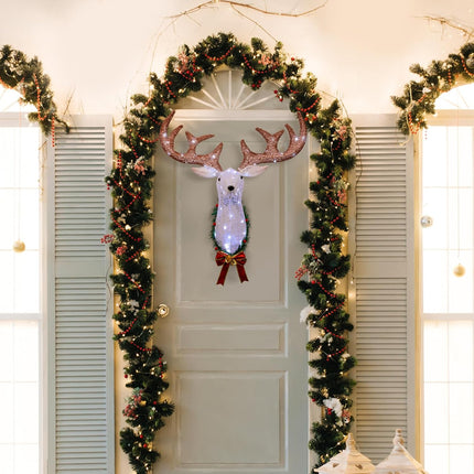 Christmas Outdoor Decoration, Reindeer Head Wall Decor,Xmas Rudolph Reindeer Hanging Wreath with Operated 8 Modes, Creating a Unique Atmosphere for The Entire Christmas Season. (Brown)