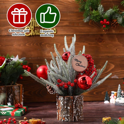 Zhehao 12'' Small Christmas Tree Artificial Mini Tabletop Christmas Tree Decorations with Red Ball Red Berry Pine Cone Greenery Wood Signs Portable Christmas Decor for Party Holiday Fireplace
