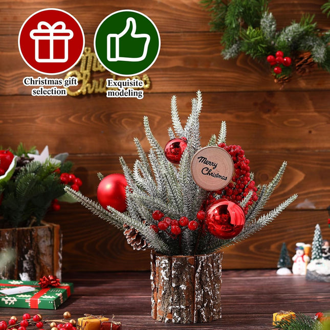 Zhehao 12'' Small Christmas Tree Artificial Mini Tabletop Christmas Tree Decorations with Red Ball Red Berry Pine Cone Greenery Wood Signs Portable Christmas Decor for Party Holiday Fireplace