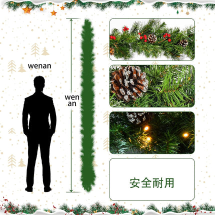 9'X10 Christmas Rattan with 50 Warm White Time Control Light for Stairs Fireplace Christmas Garland Decorations with Holiday Greenery Wreath Artificial Rattan