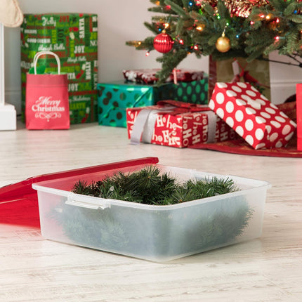 IRIS USA 33 Quart Christmas Wreath Storage Container Box with Lid, 3-Pack, Stackable Under Bed Storage Organizer Bin with Latching Buckles for 20" Wreaths Christmas Decorations Garlands, Clear/Red