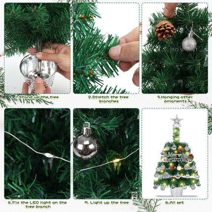 20" Tabletop Mini Christmas Tree Lighted, Artificial Small Xmas Pine Tree Prelit Christmas Tree with LED Lights and Ornaments for Xmas DIY Holiday