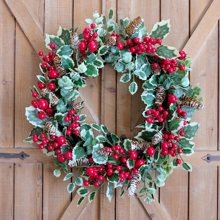 18 Inch Holly Berry Pine Cones Wreath Christmas Wreath for Front Door, Evergreen Winter Holiday Wreath Green Holly Front Door Wreath