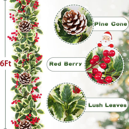 Christmas Garland, 2Pcs Red Berry Garland with Pine Cones, Green Garland Christmas Decorations Indoor, Christmas Tree Garland for Mantle Holly Outdoor Home Table Year Decor