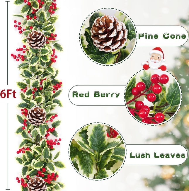 Christmas Garland, 2Pcs Red Berry Garland with Pine Cones, Green Garland Christmas Decorations Indoor, Christmas Tree Garland for Mantle Holly Outdoor Home Table Year Decor