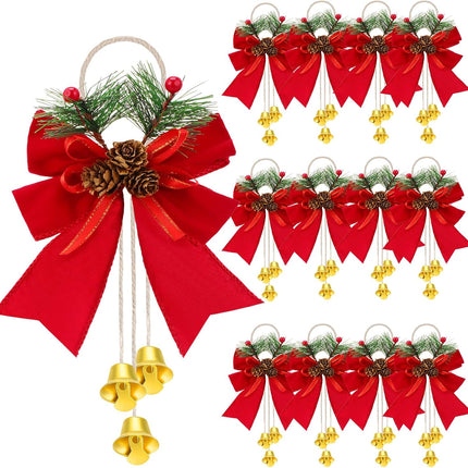 12 Pcs Red Christmas Bow with Pine Cones Wine Red Christmas Wreath Bows Xmas Decorative Bows Ornament with Bell Christmas Tree Toppers Bows for Kitchen Cabinet Christmas Party Decoration