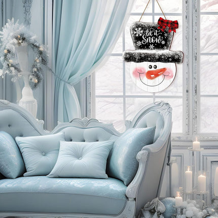 Whaline Christmas Snowman Wooden Hanging Sign Let It Snow Door Hanger Sign Xmas Winter Holiday Welcome Wreath Sign with Buffalo Plaid Bow for Indoor Outdoor Home Farmhouse Wall Window Decor