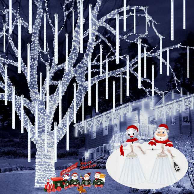 2-Pack Meteor Shower Christmas Lights Outdoor Decorations, Extendable Outdoor Tree Lights Waterproof 16 Tubes 384 LEDs Falling Rain Lights for Holiday Outside Decor Yard House Xmas Tree (Cool White)