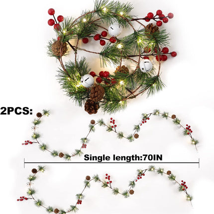 Fleeting Time Pine Cone Christmas Garland Lights, 2 Pcs 6.56 Ft 20 LED Lights String with Red Berry and Bells,Indoor Outdoor Thanksgiving Xmas Holiday Decoration (Bell)