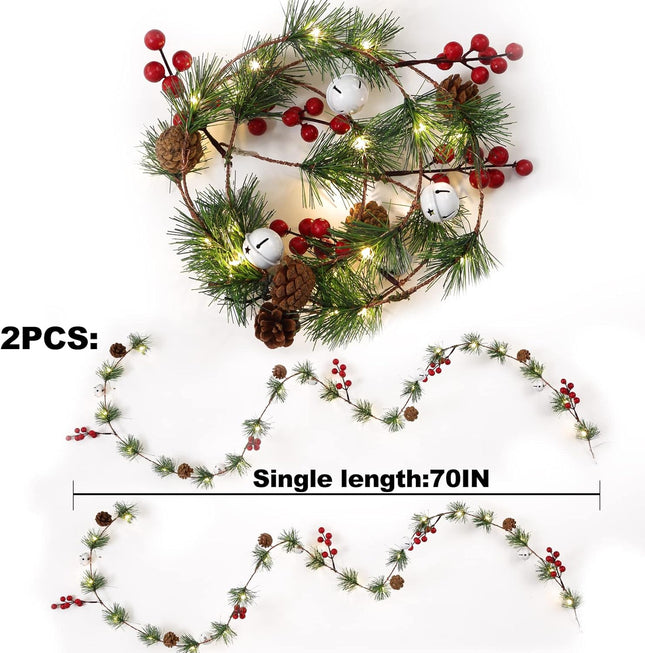 Fleeting Time Pine Cone Christmas Garland Lights, 2 Pcs 6.56 Ft 20 LED Lights String with Red Berry and Bells,Indoor Outdoor Thanksgiving Xmas Holiday Decoration (Bell)